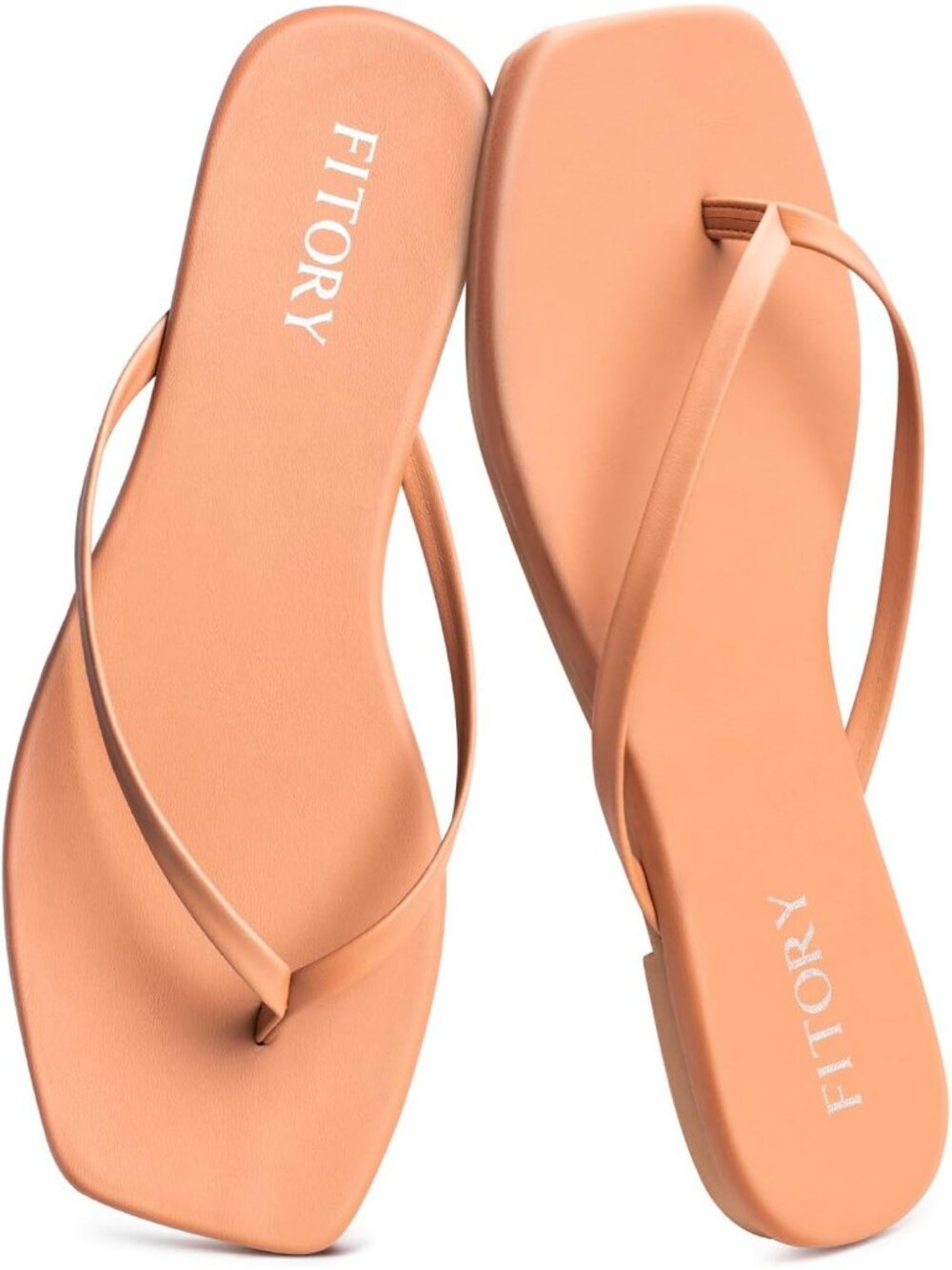 Women's Nude Summer Comfortable Square Open Toe Leather Thong Flat Slides Sandal